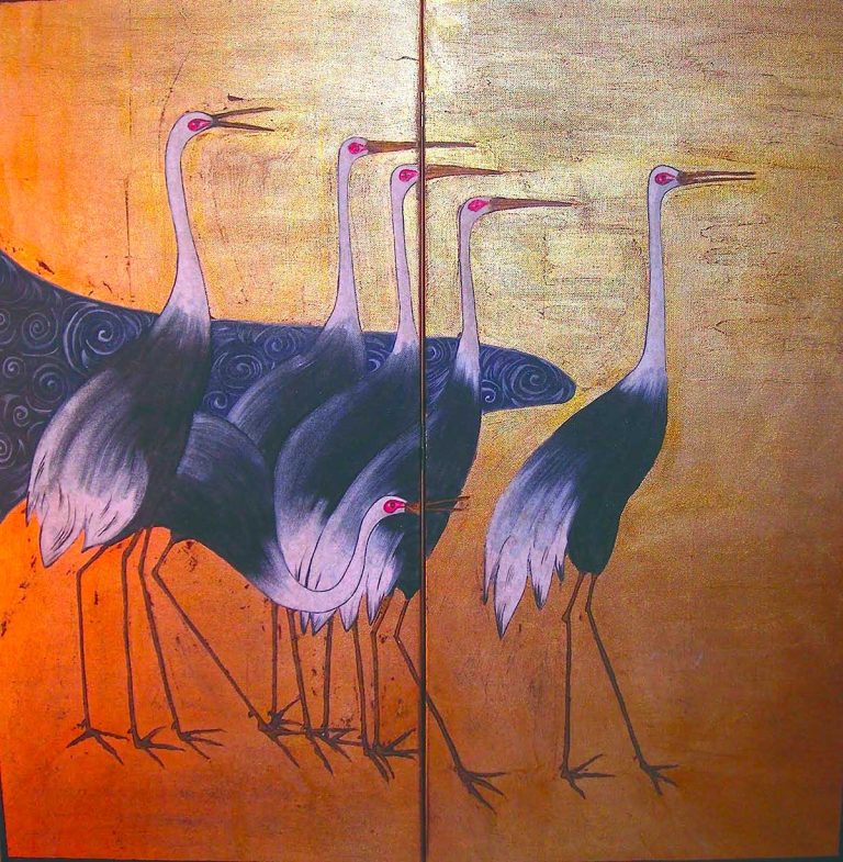 paravento 2 ante - pittura giapponese gru korin