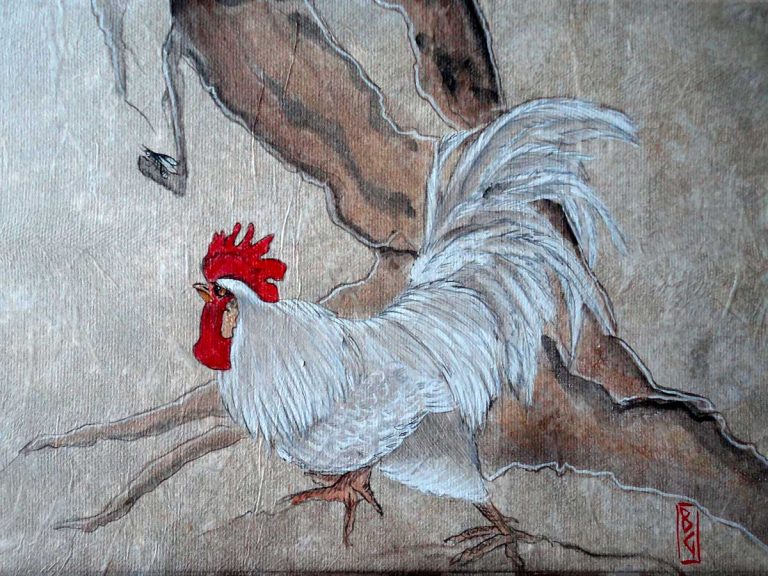 pittura in stile giapponese - Galletto bianco